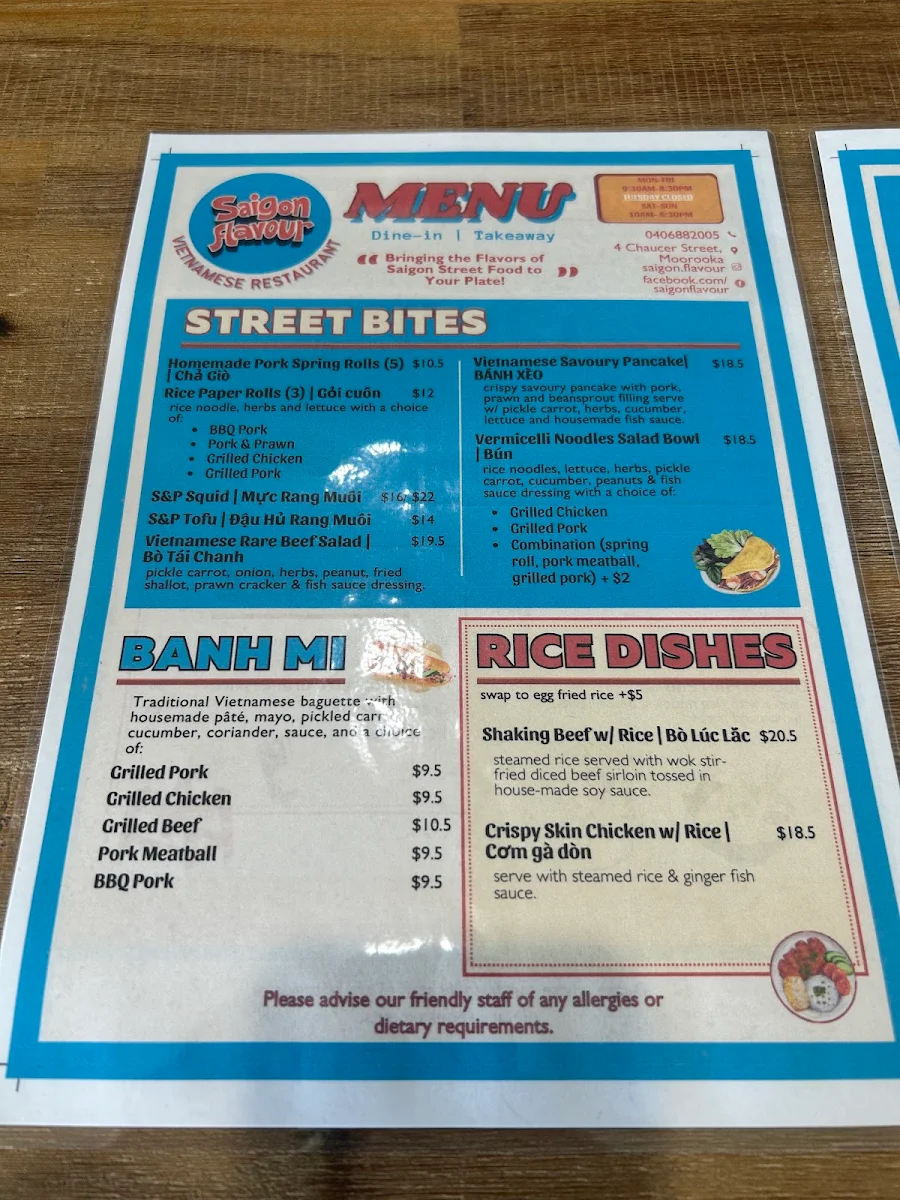 Menu, Saigon Flavour