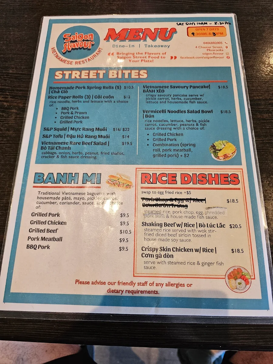 Menu, Saigon Flavour