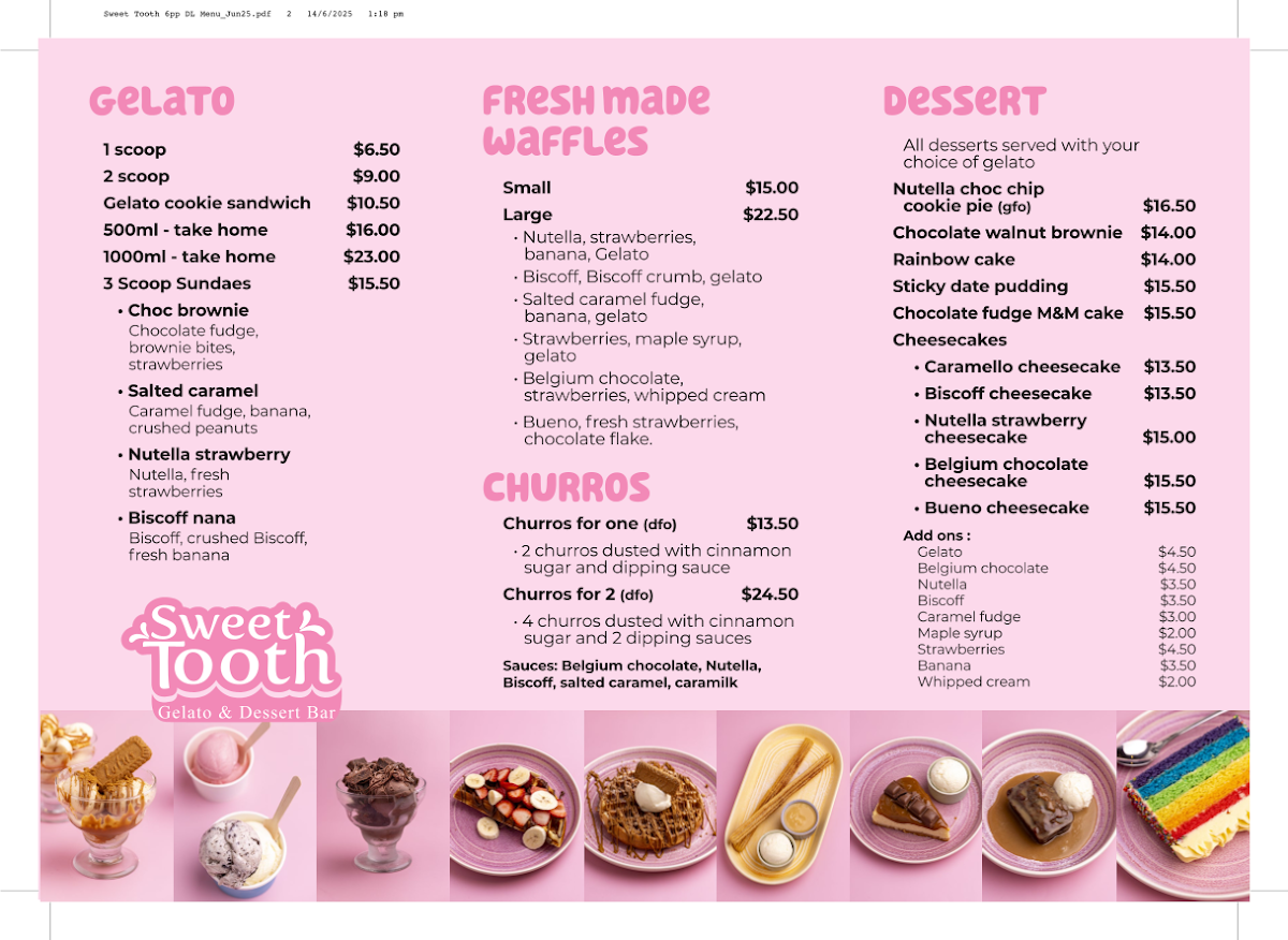 Menu, Sweet tooth gelato & desserts