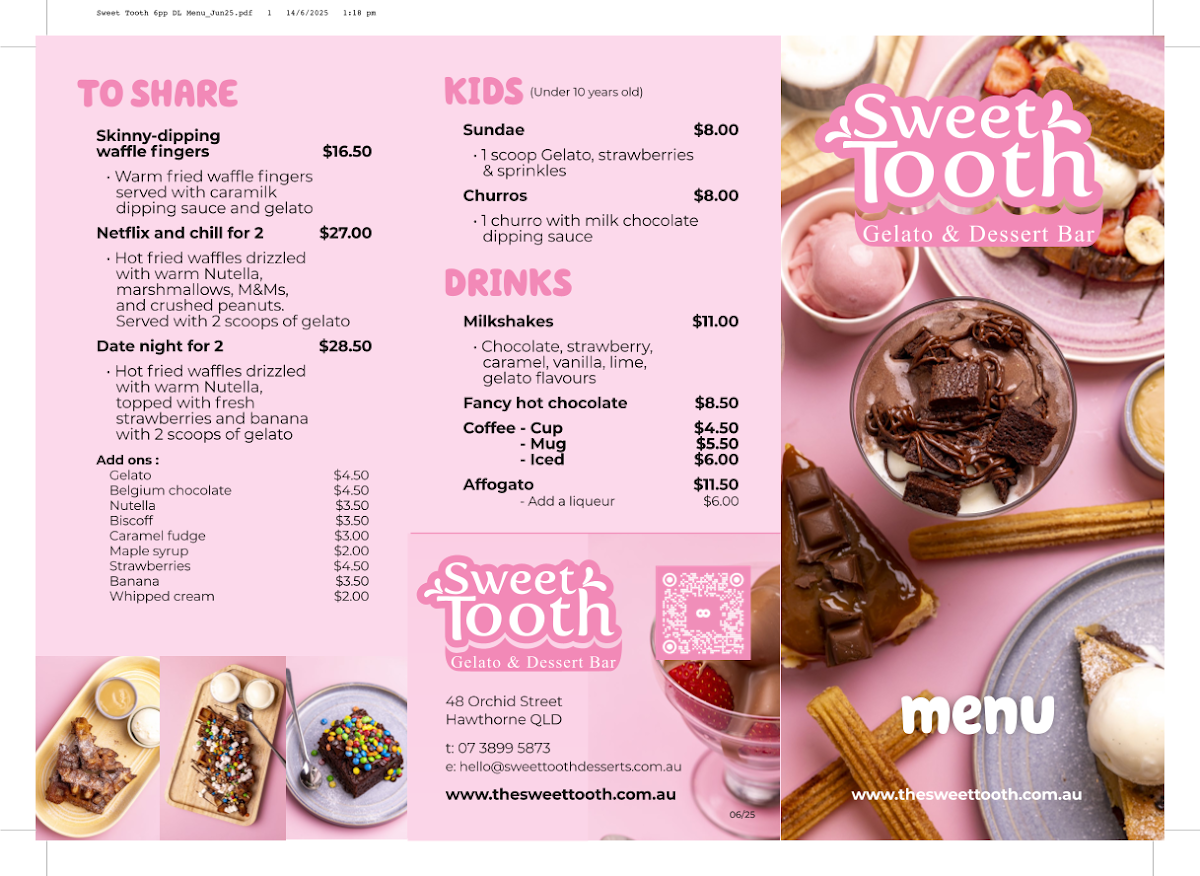 Menu, Sweet tooth gelato & desserts