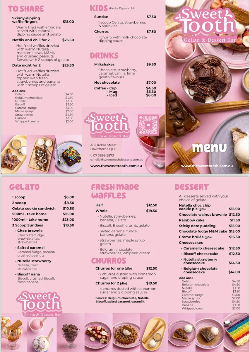 Menu, Sweet tooth gelato & desserts