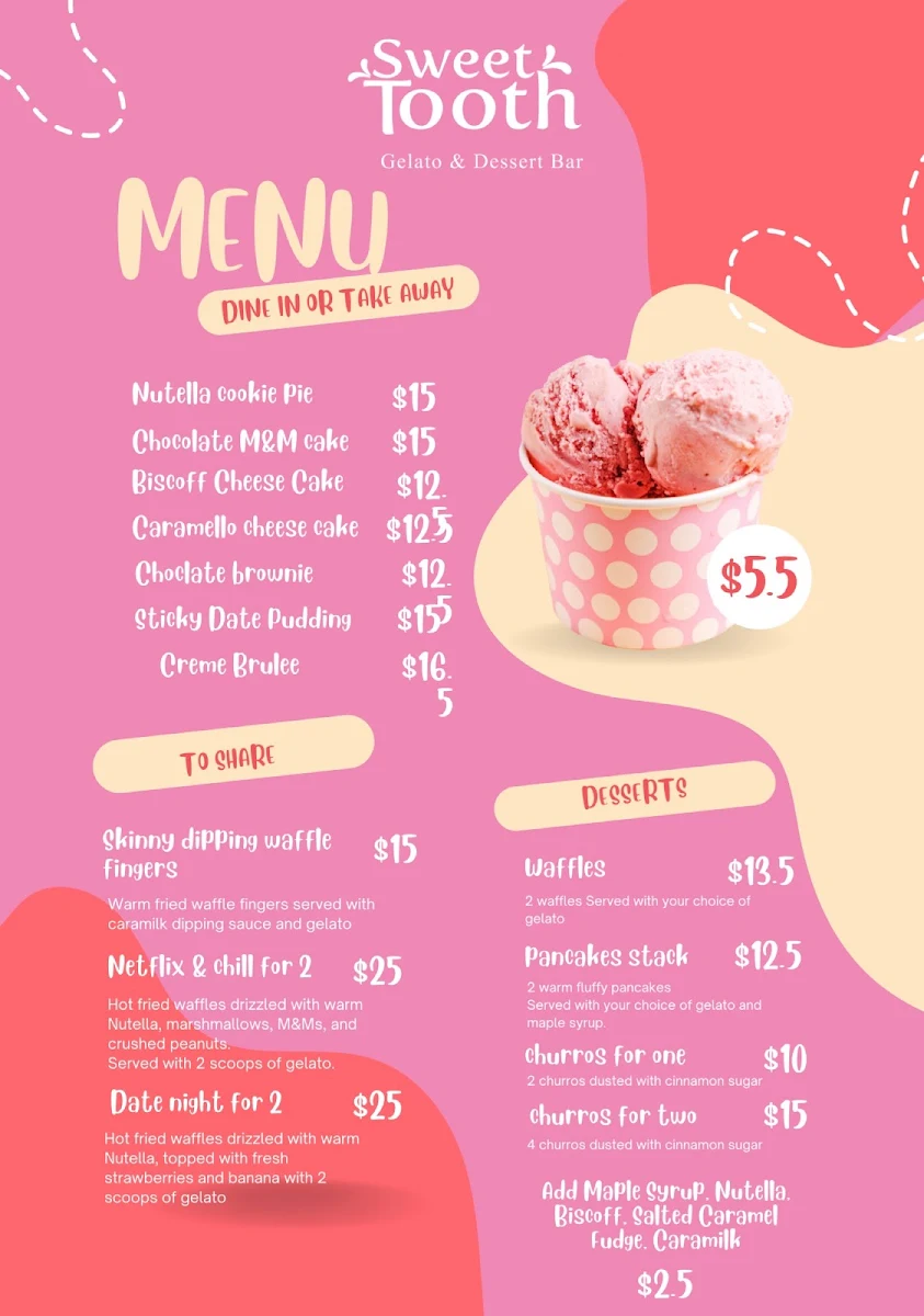 Menu, Sweet tooth gelato & desserts