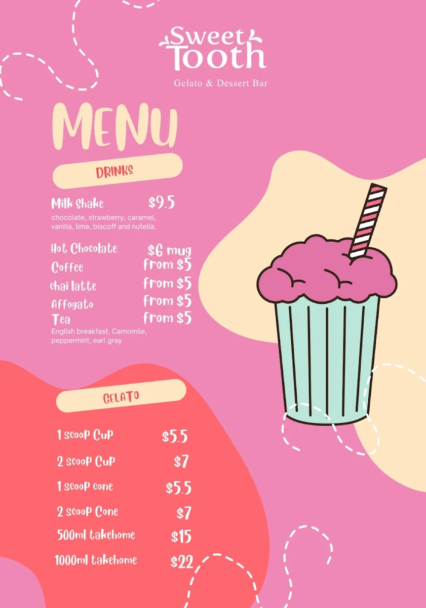 Menu, Sweet tooth gelato & desserts