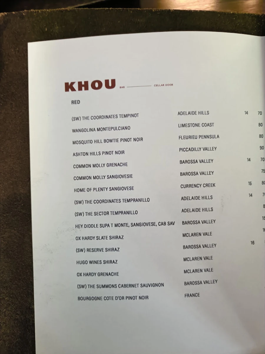 Menu, KHOU BAR