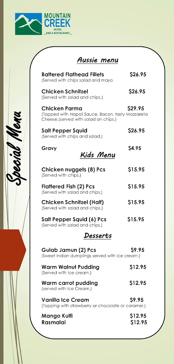 Menu, Mountain Creek Indian Restaurant