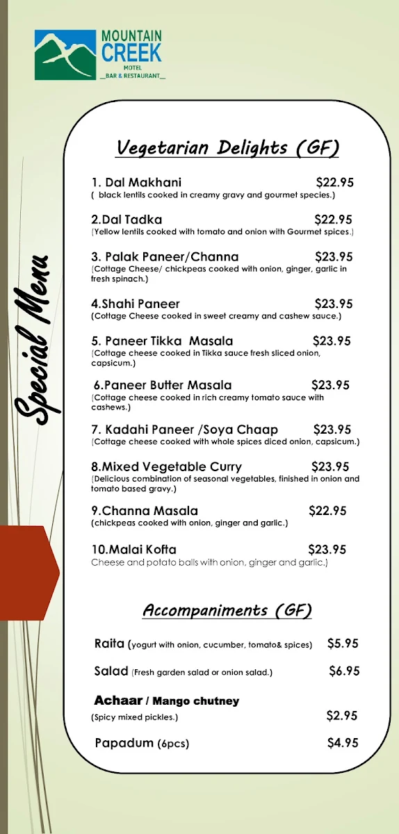 Menu, Mountain Creek Indian Restaurant