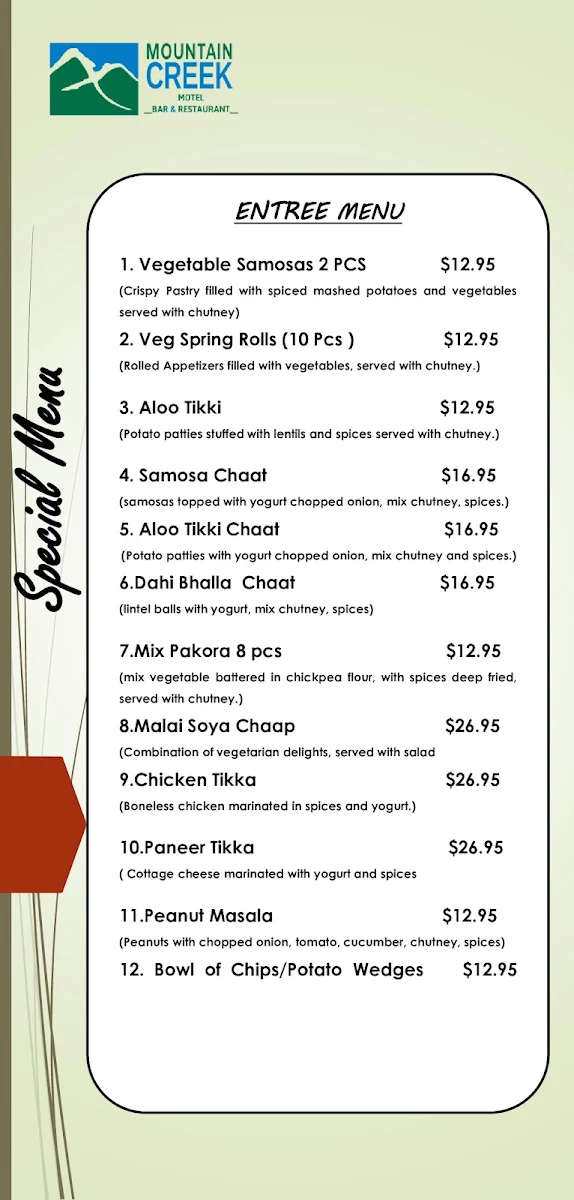 Menu, Mountain Creek Indian Restaurant