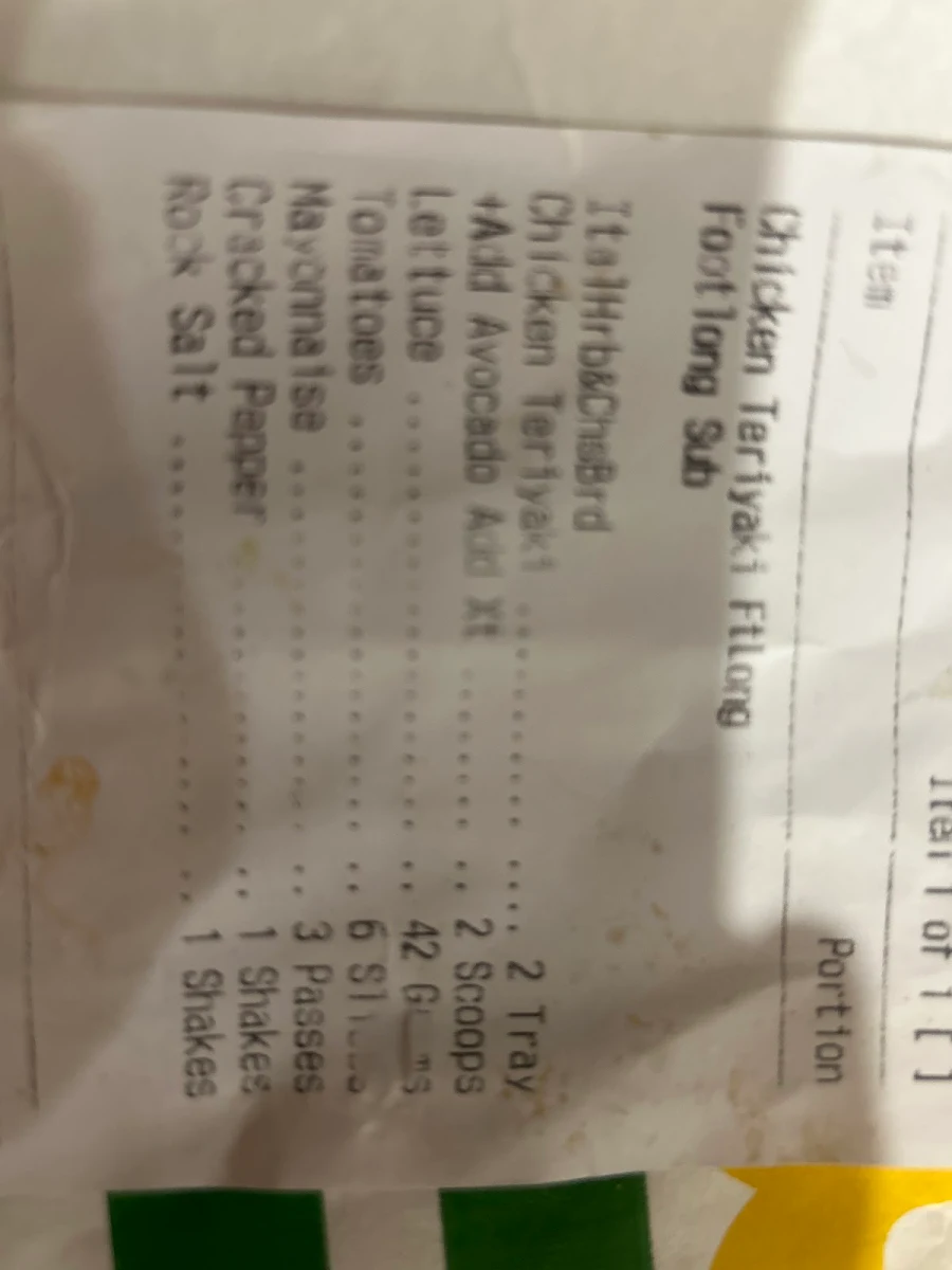 Menu, Subway