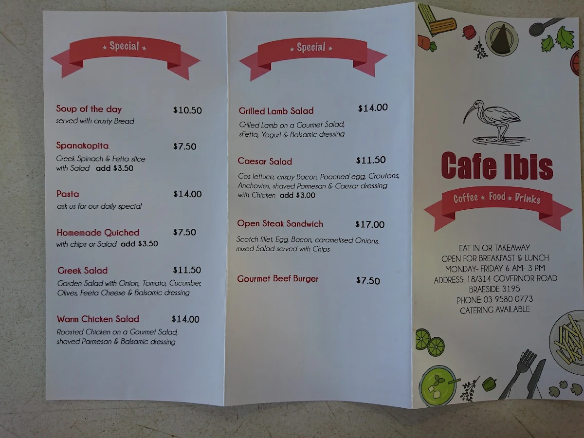 Menu, Cafe Ibis