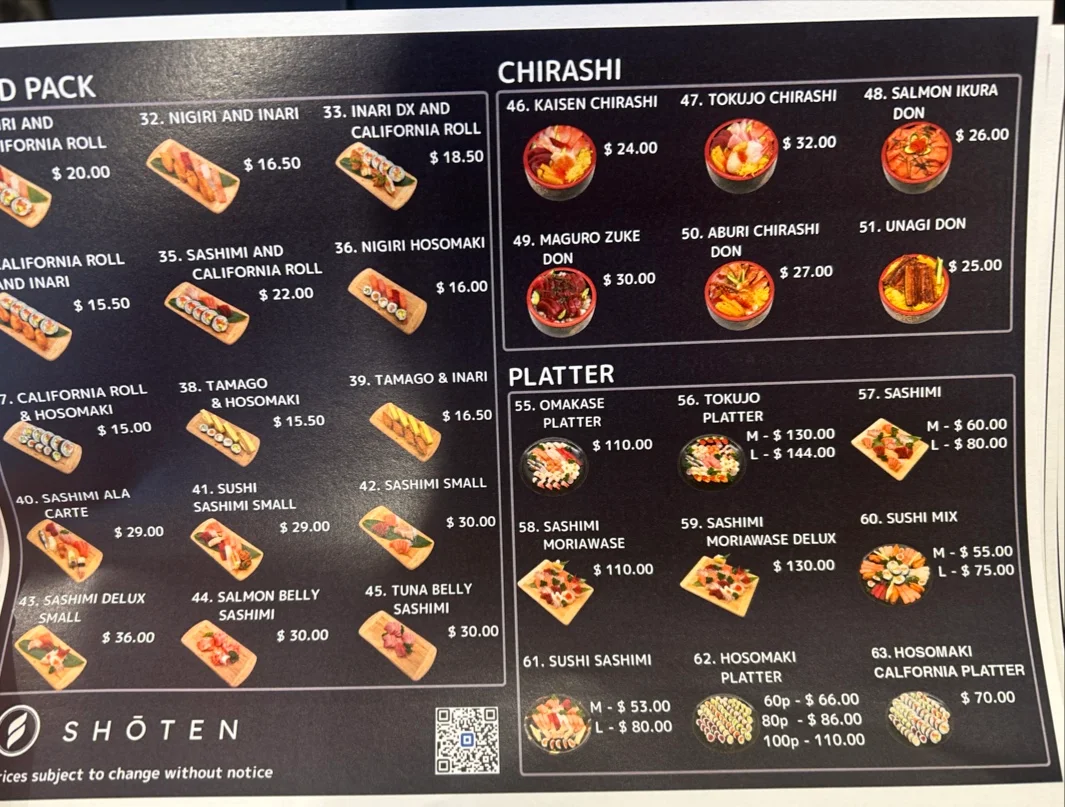 Menu, Shoten Sushi and Grocery