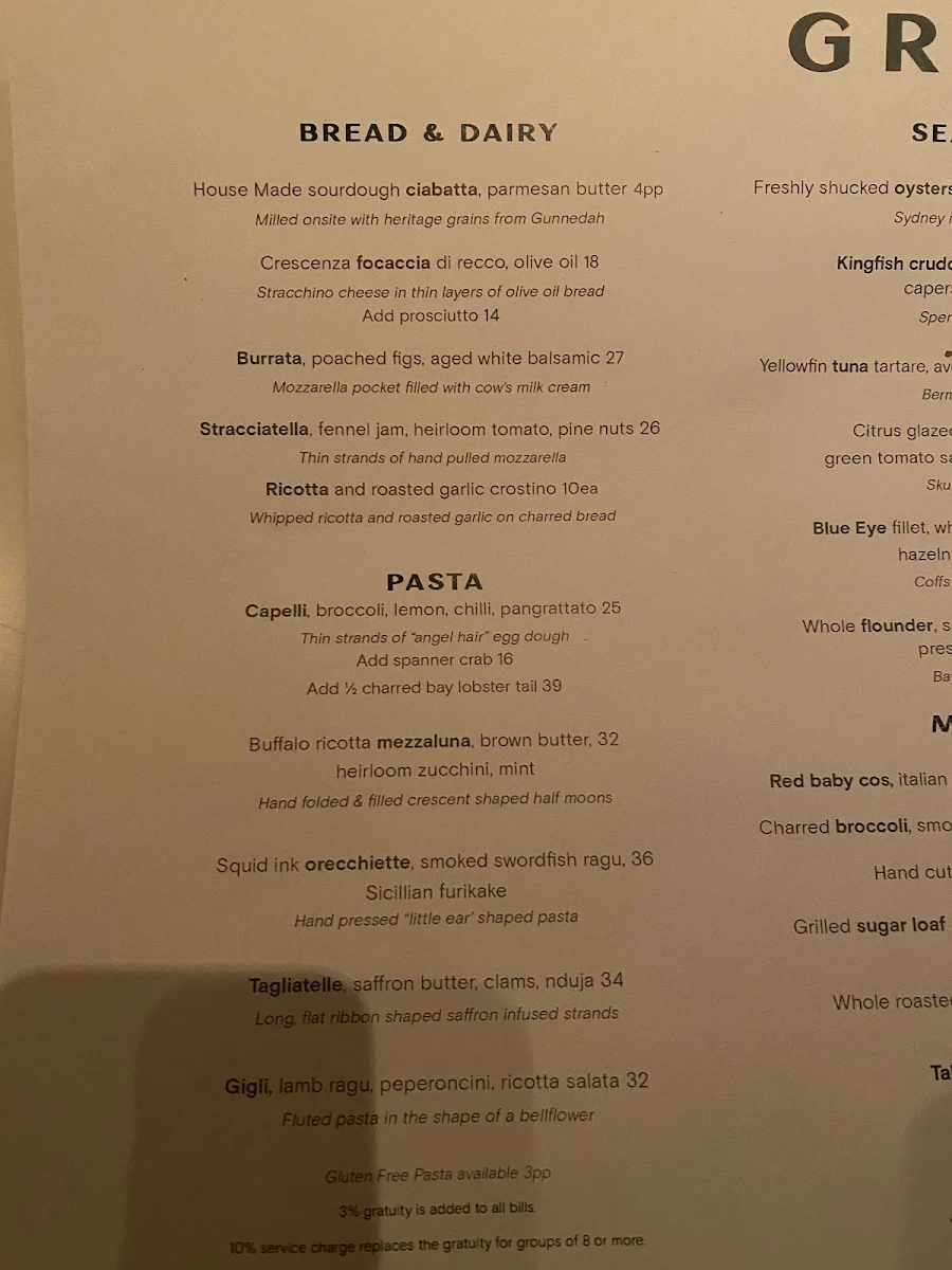 Menu, Hinchcliff House