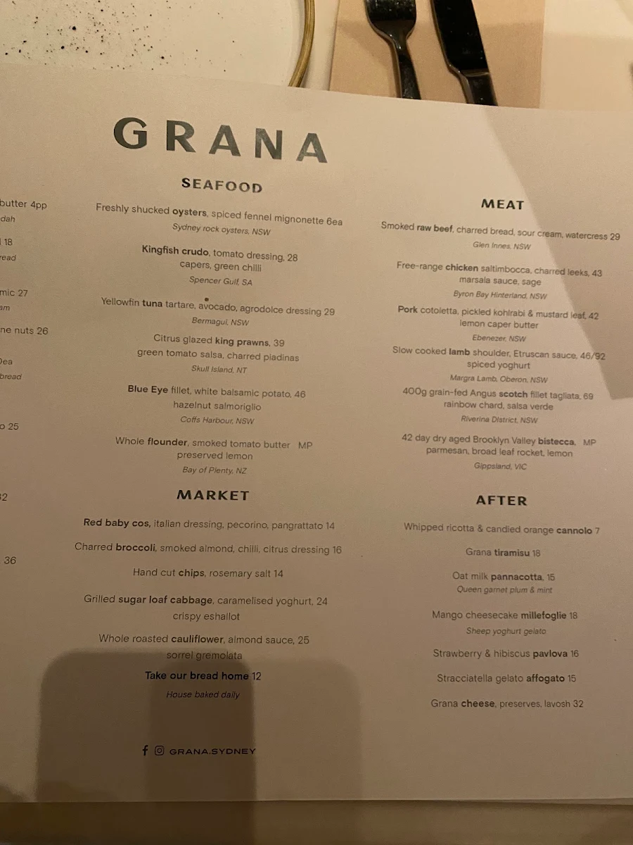 Menu, Hinchcliff House