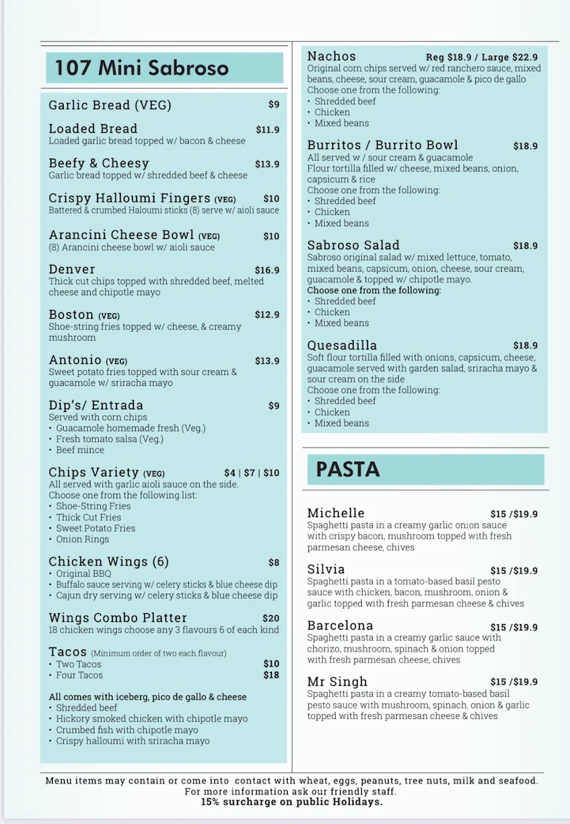 Menu, 107 Coffee Terminal / Sabroso Browns Plains