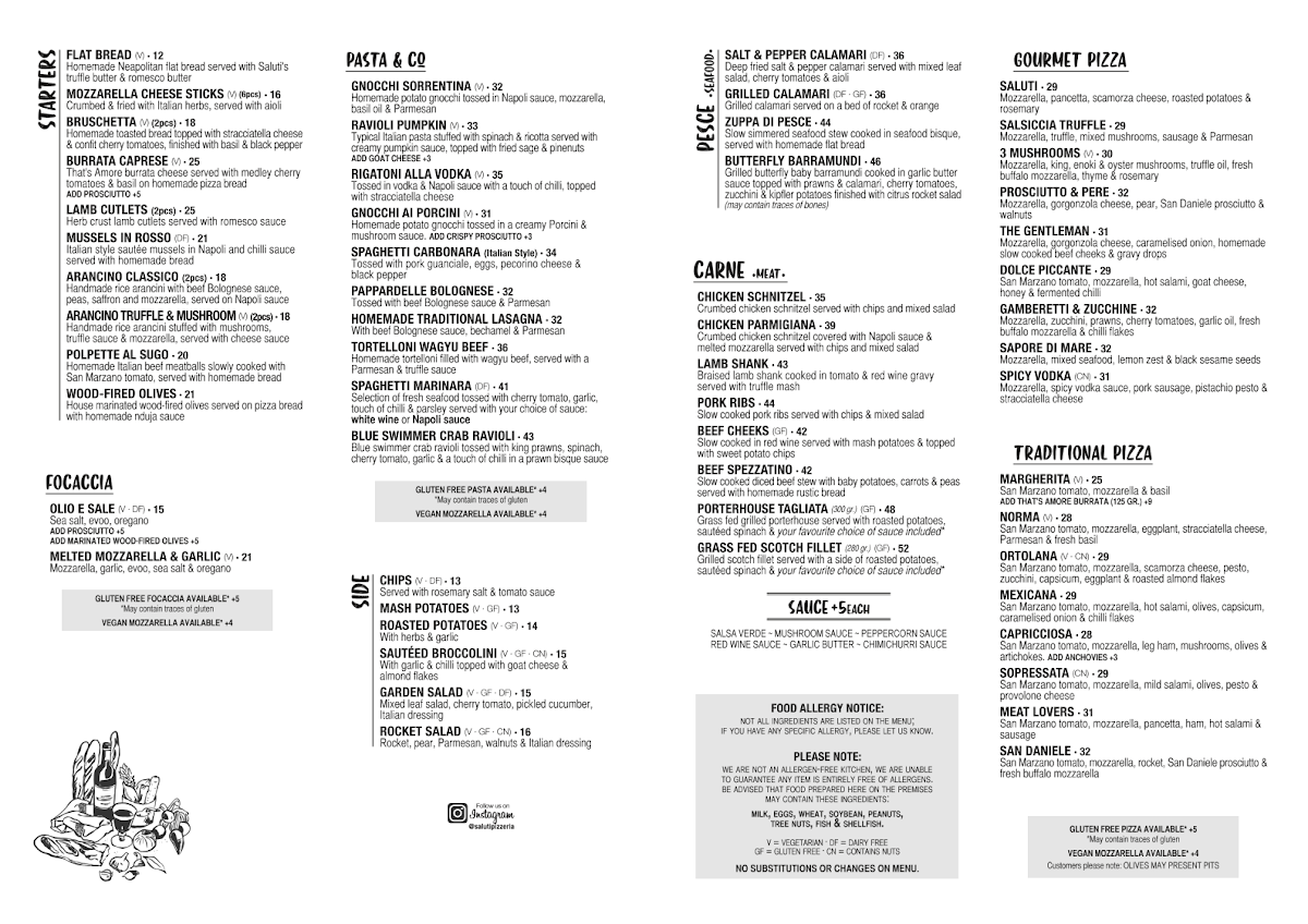 Menu, Saluti