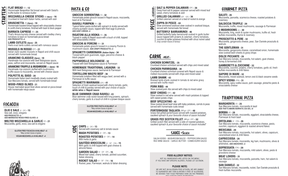 Menu, Saluti