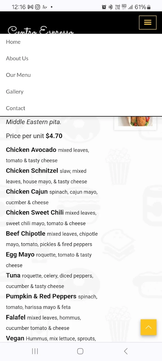Menu, Centro Espresso Caffe