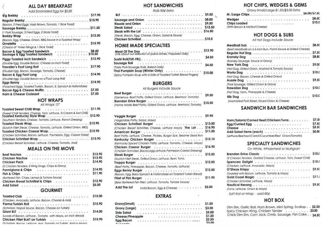 Menu, Brendan Drive Snack Bar