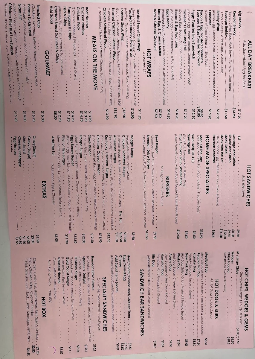 Menu, Brendan Drive Snack Bar