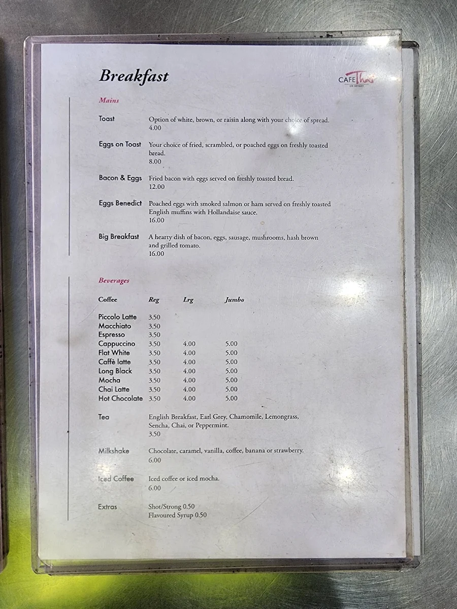 Menu, Cafe Thai On Botany