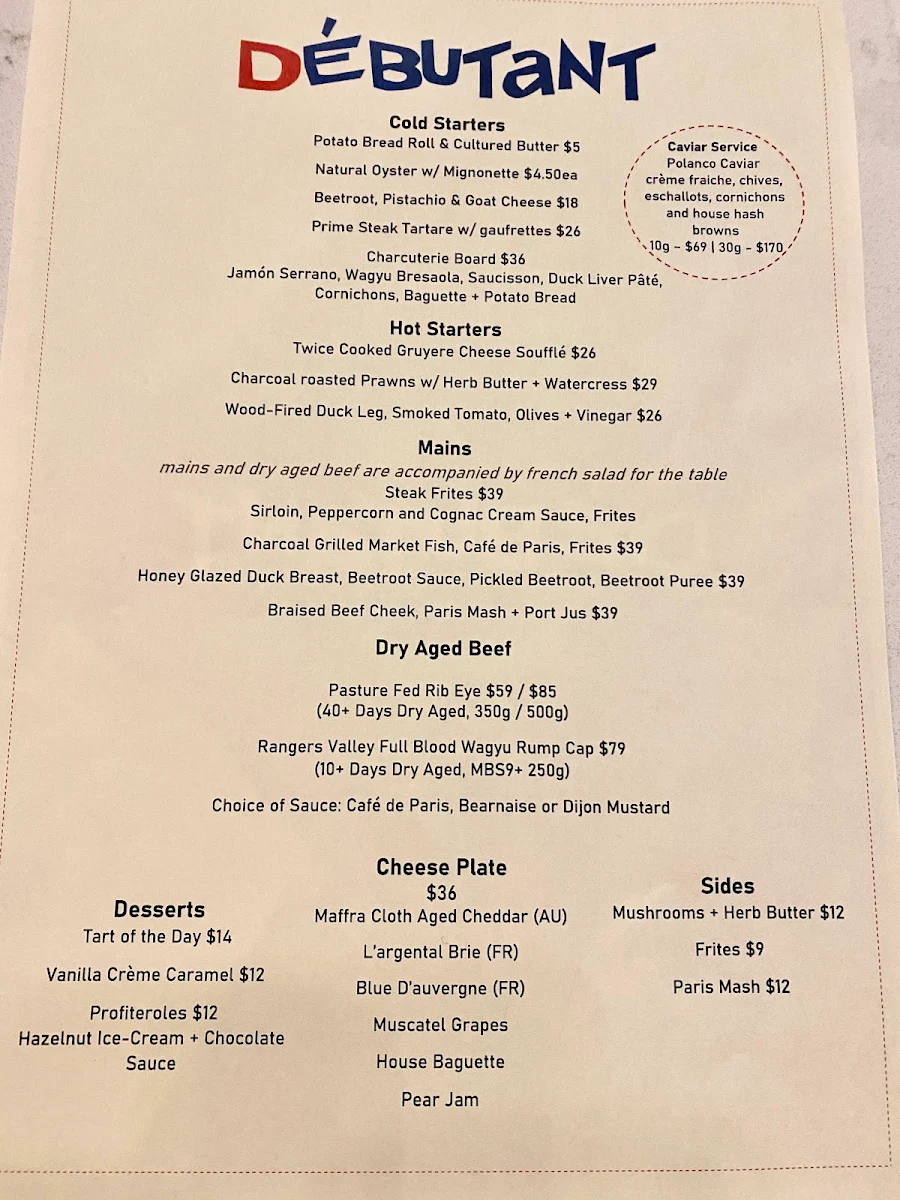 Menu, Debutant