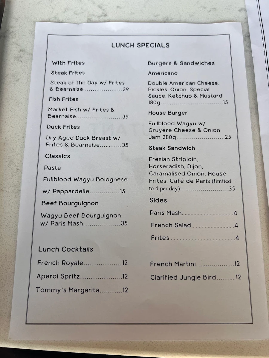 Menu, Debutant