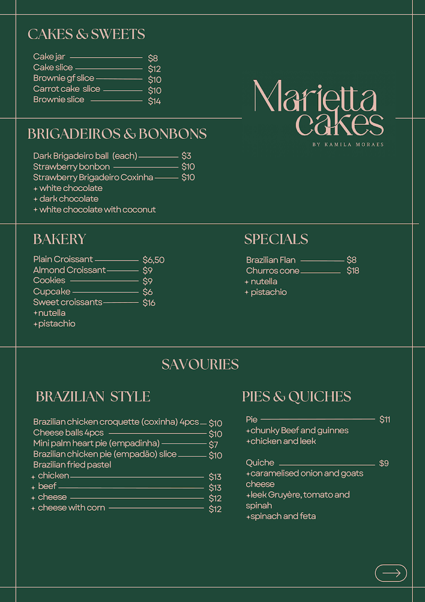 Menu, Marietta Cakes