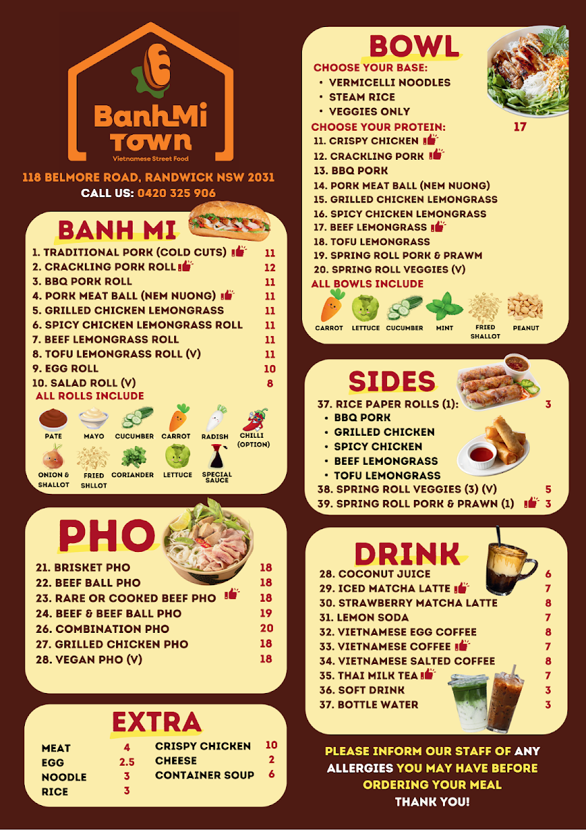 Menu, Banh Mi Town Randwick
