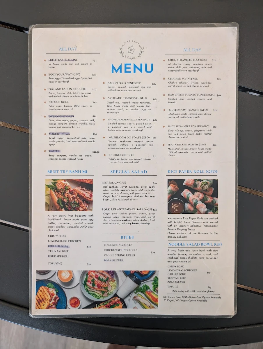Menu, Star Fruit Cafe