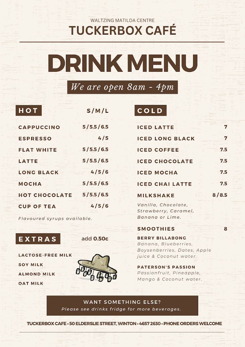 Menu, Tuckerbox Café