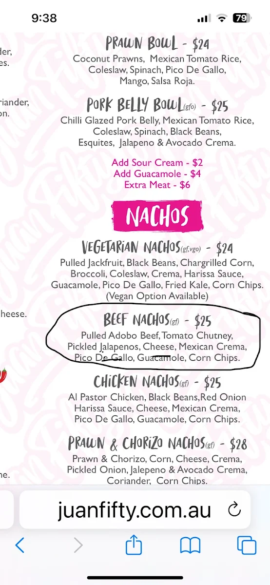 Menu, Juan Fifty Kitchen & Bar