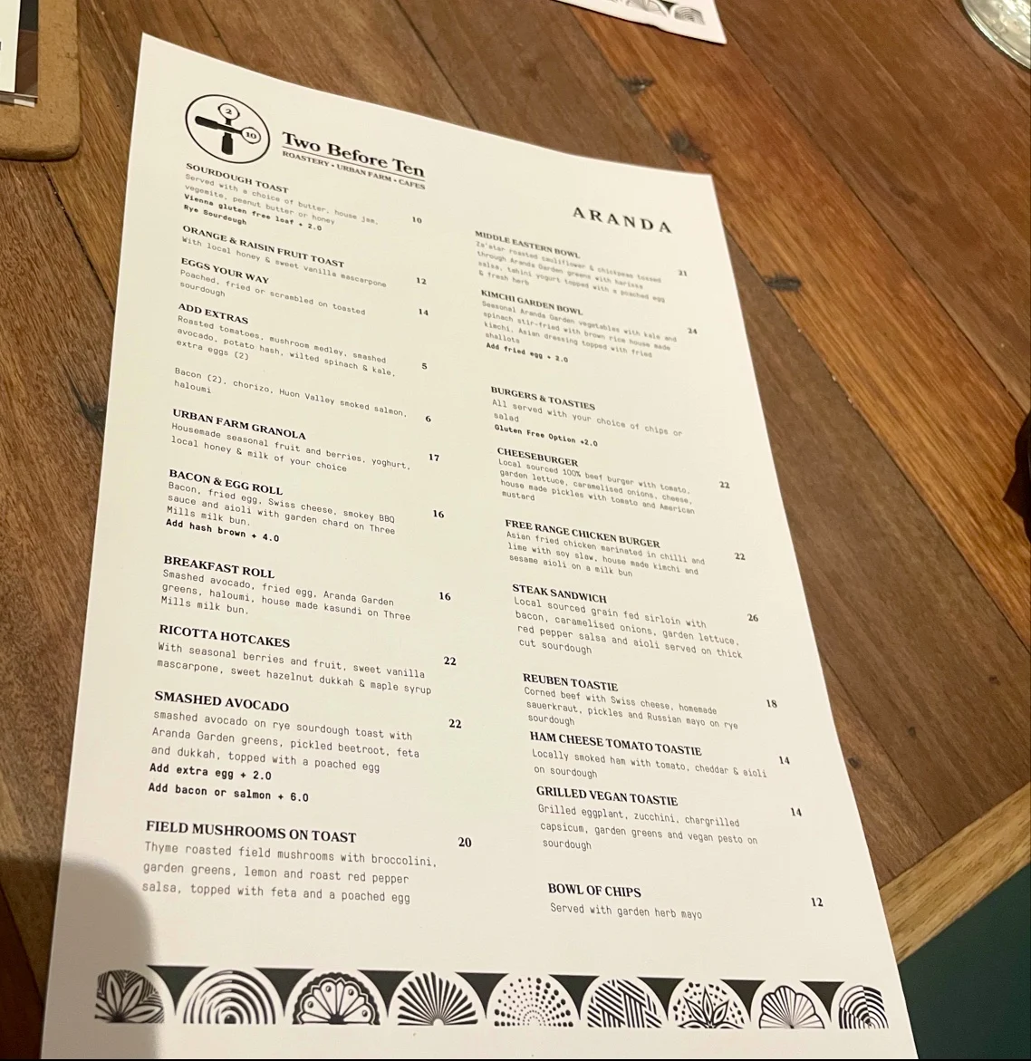 Menu, Two Before Ten Aranda