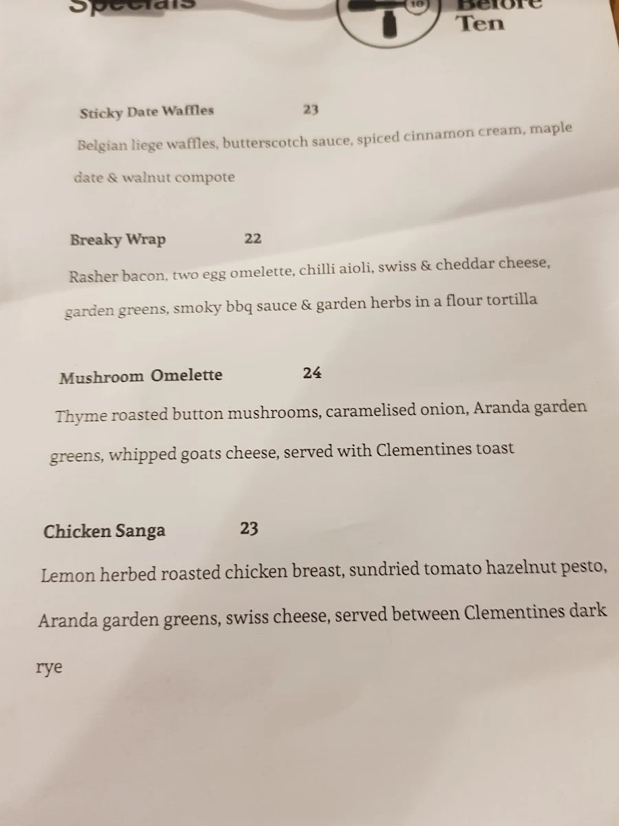 Menu, Two Before Ten Aranda