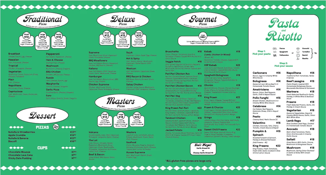 Menu, Pizza Masters