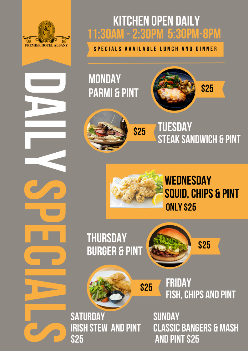 Menu, Premier Hotel Albany