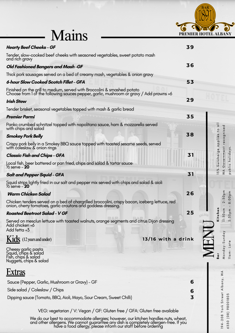 Menu, Premier Hotel Albany