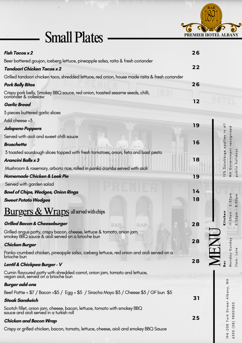 Menu, Premier Hotel Albany