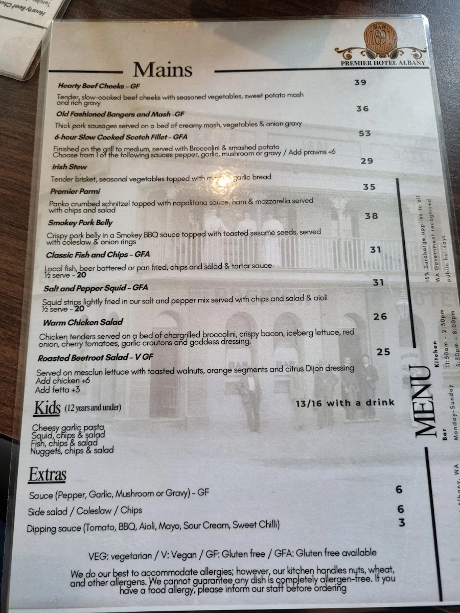 Menu, Premier Hotel Albany