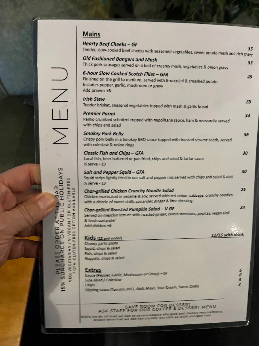 Menu, Premier Hotel Albany