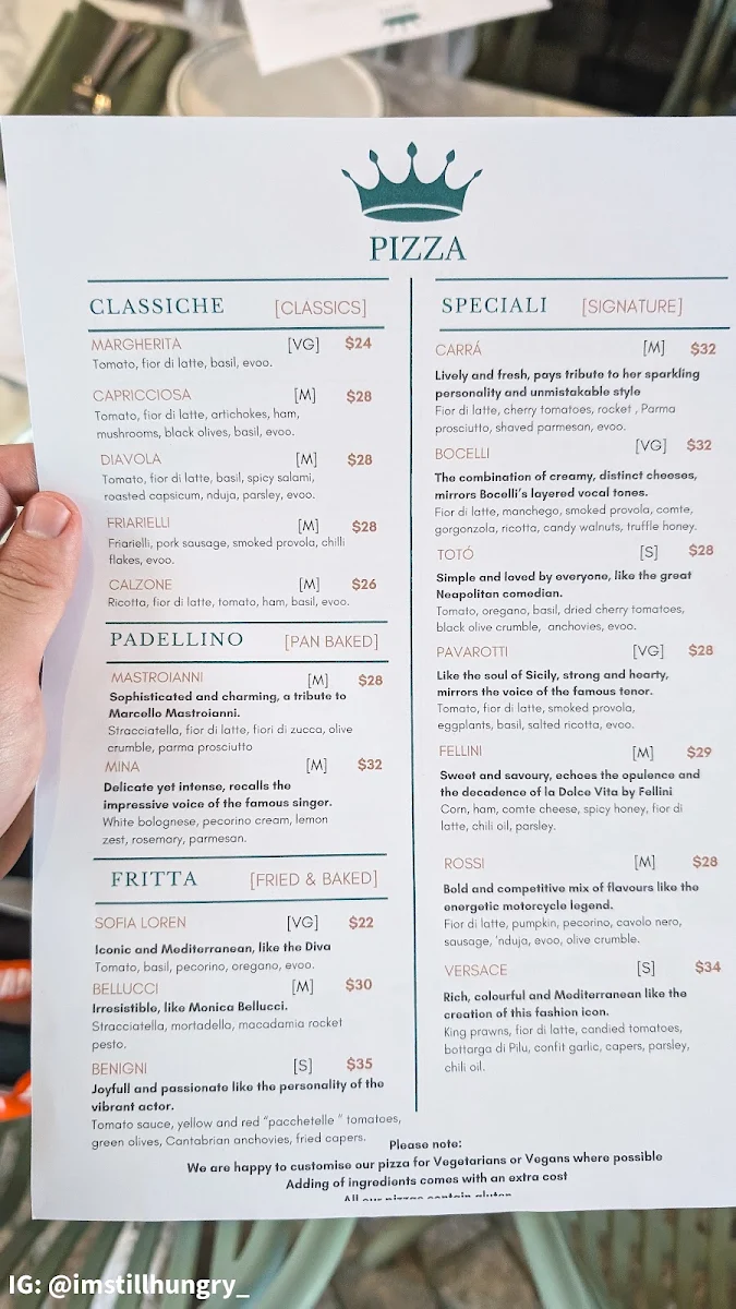 Menu, Regina La Pizzeria