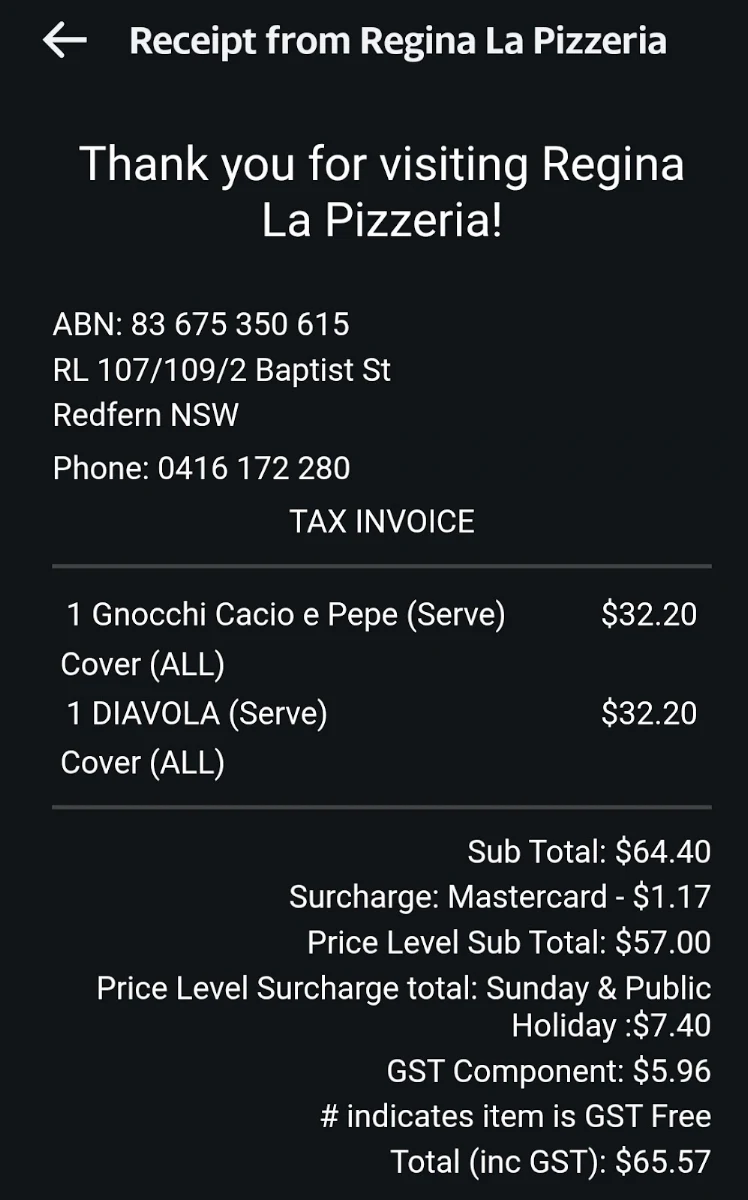 Menu, Regina La Pizzeria