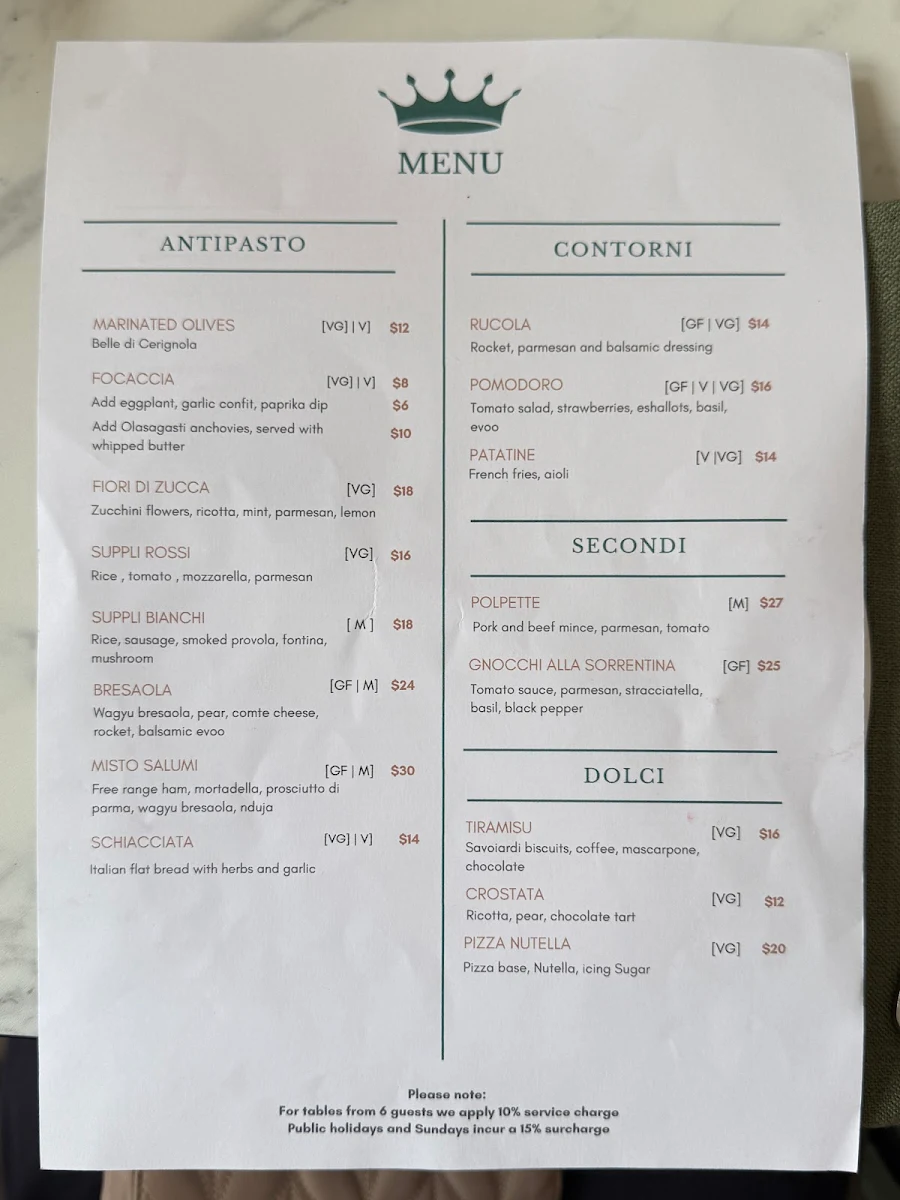 Menu, Regina La Pizzeria