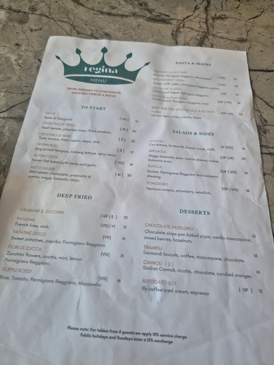 Menu, Regina La Pizzeria