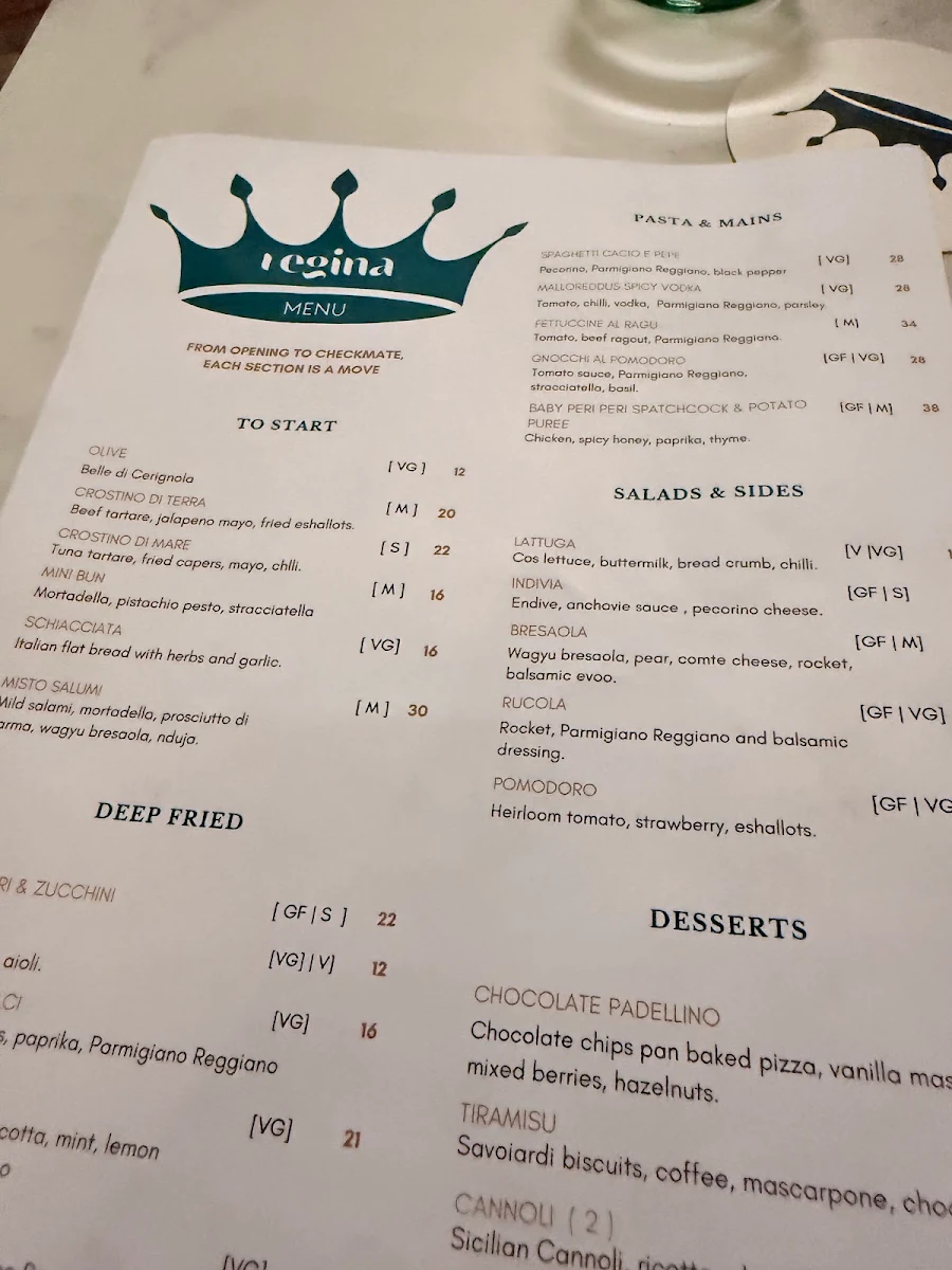 Menu, Regina La Pizzeria