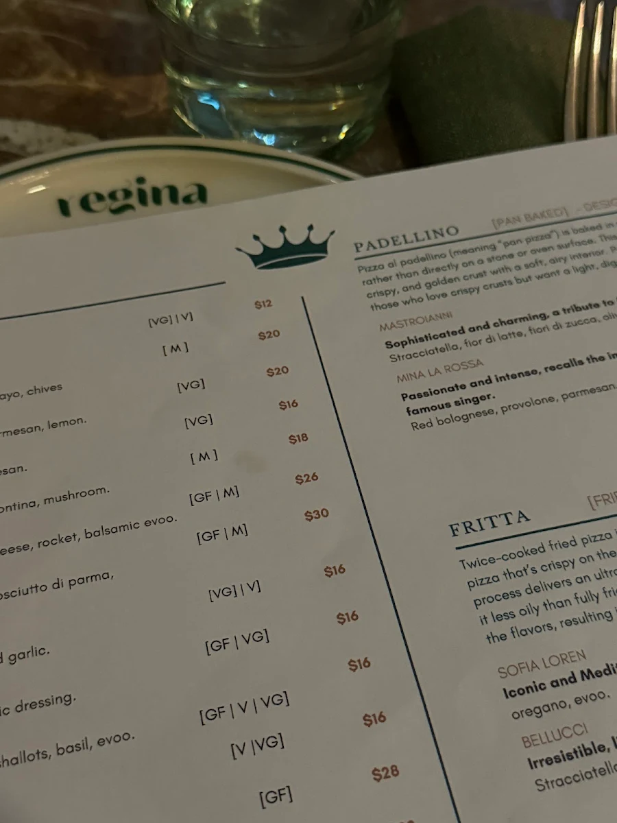 Menu, Regina La Pizzeria