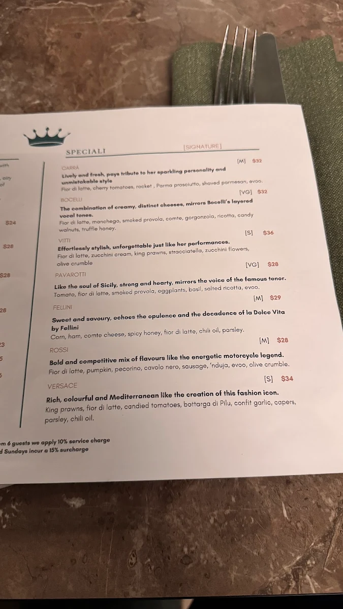 Menu, Regina La Pizzeria