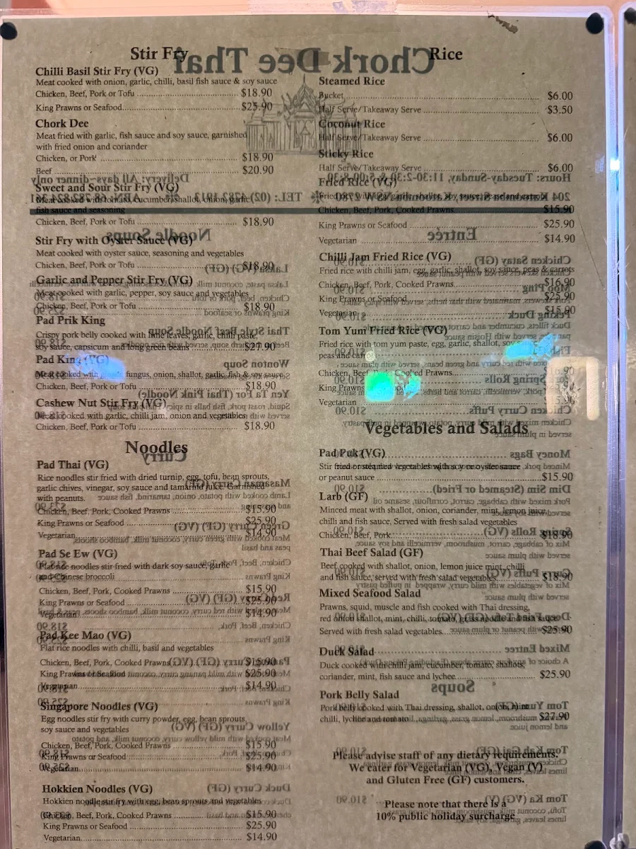 Menu, Chork Dee Thai Restaurant