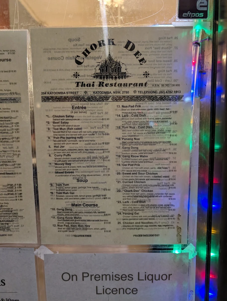 Menu, Chork Dee Thai Restaurant