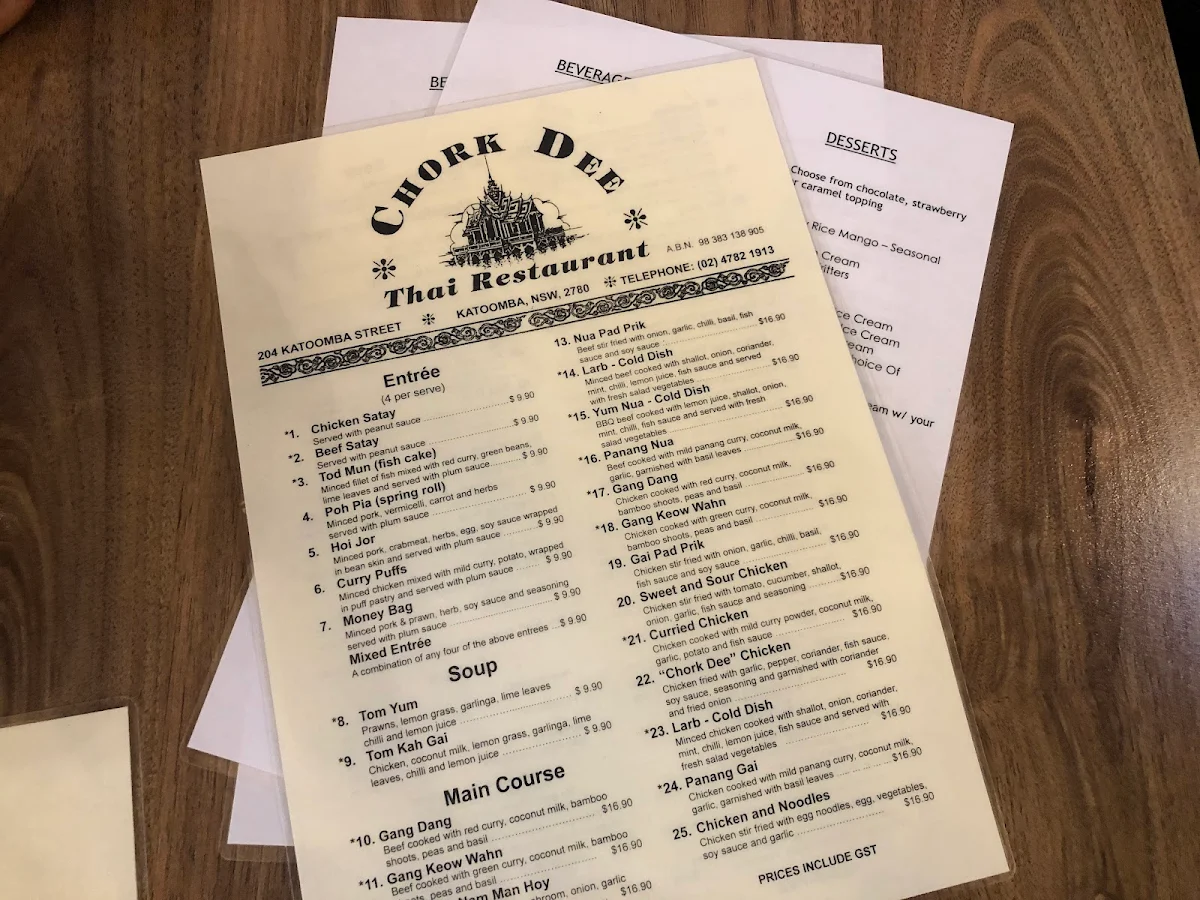 Menu, Chork Dee Thai Restaurant