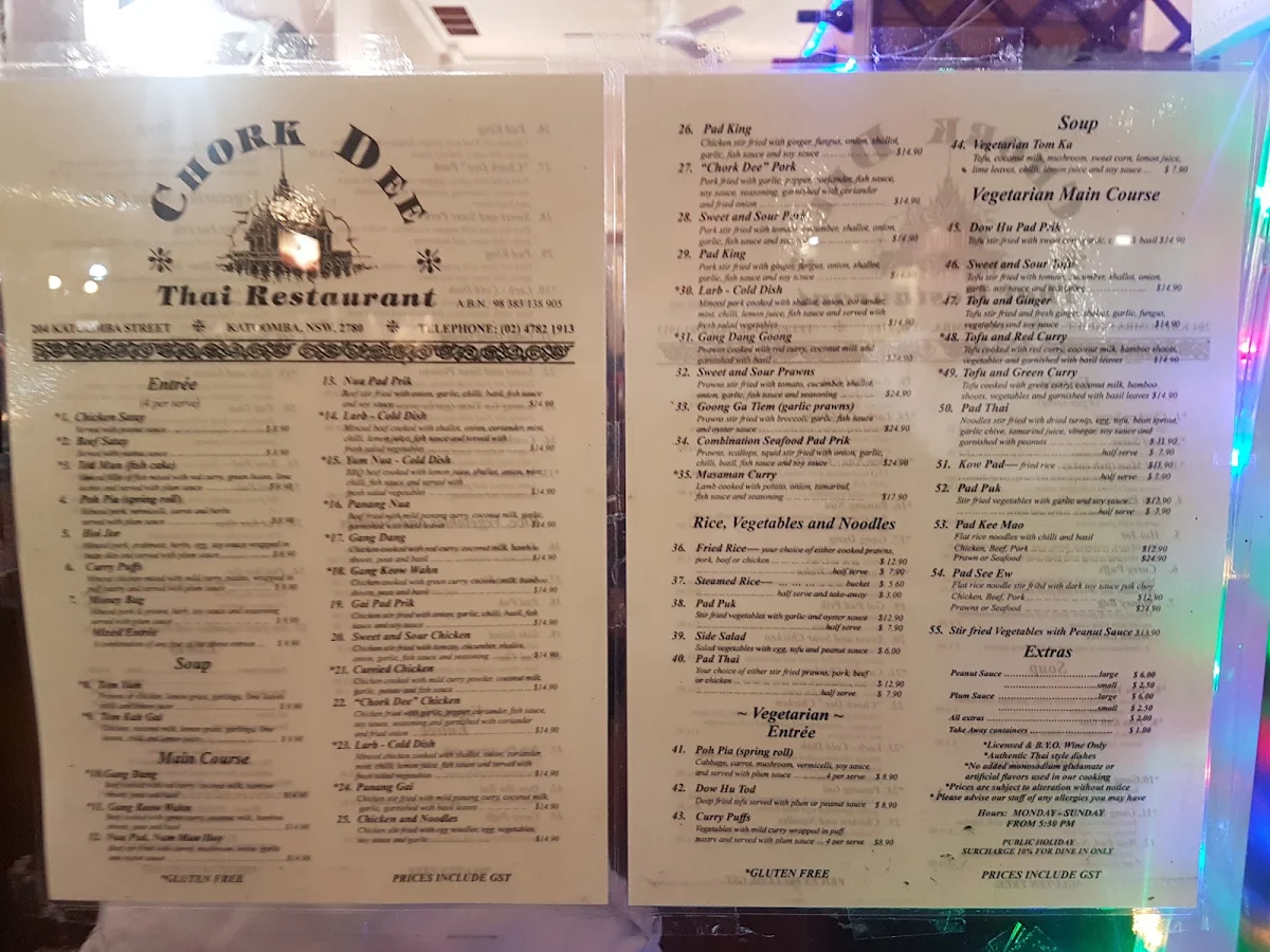 Menu, Chork Dee Thai Restaurant