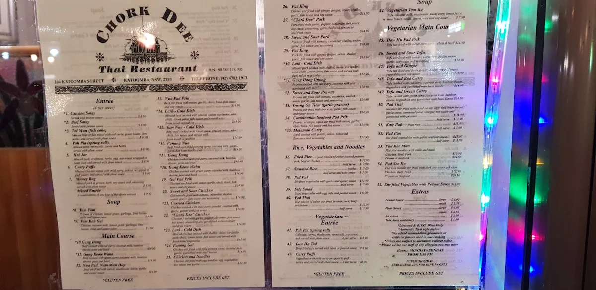 Menu, Chork Dee Thai Restaurant